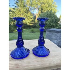 Vintage Fostoria Blue Colony Swirl Glass Candlestick Holders 7.5 Tall ~Set Of 2